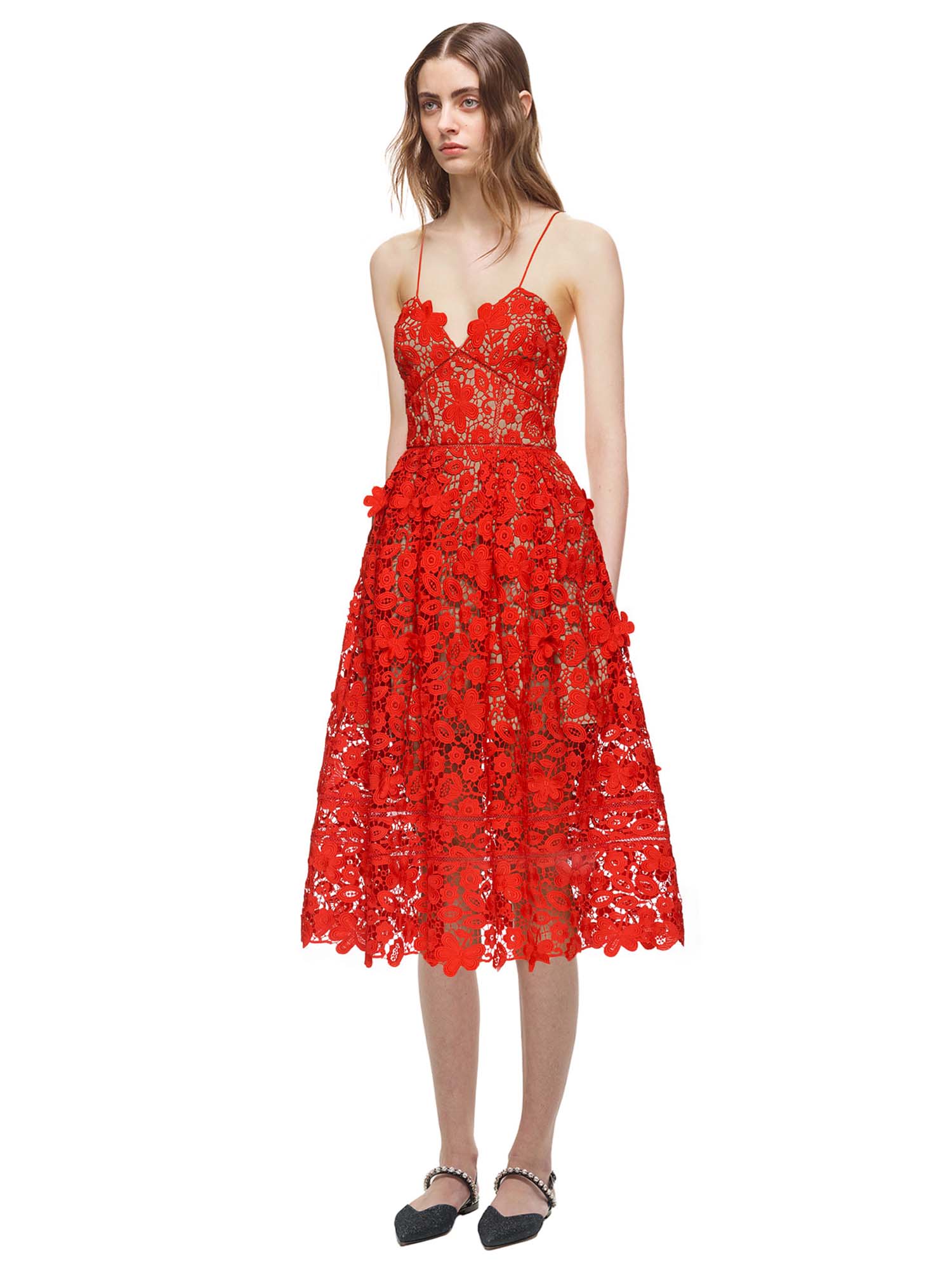 3D Floral Lace Midi Dress in Tomato Red ...